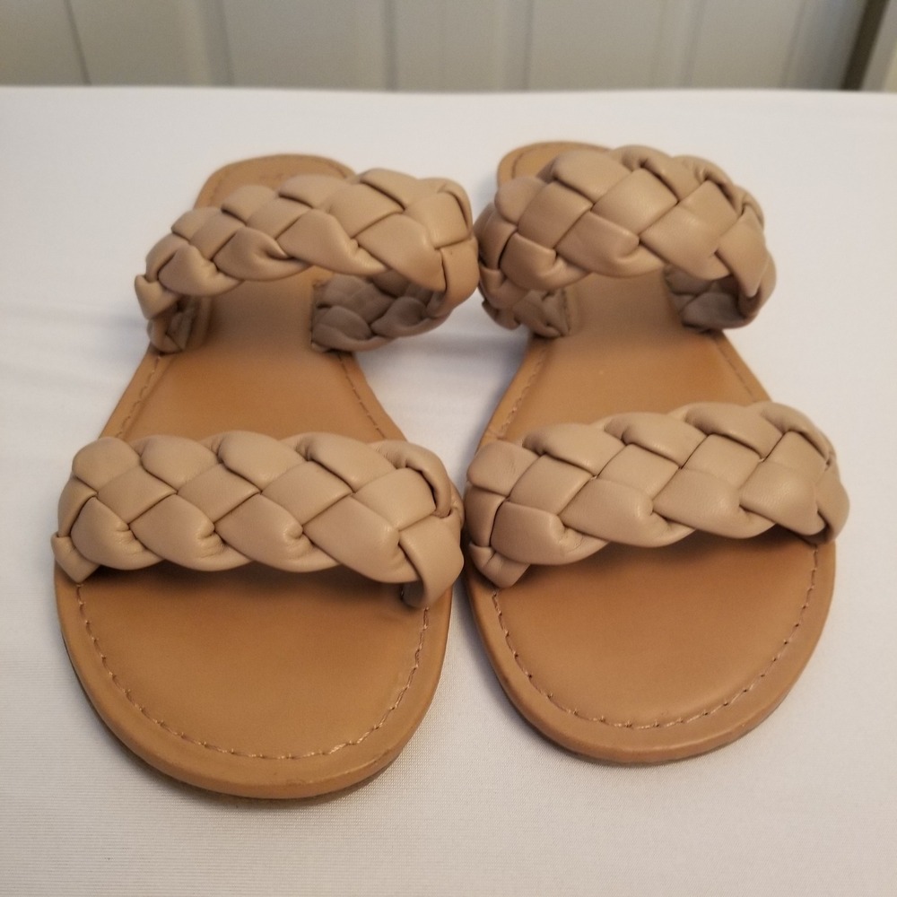Womens Nude Braided Double Strap Slide Sandals Flat Open Toe Beige Slip On Shoes